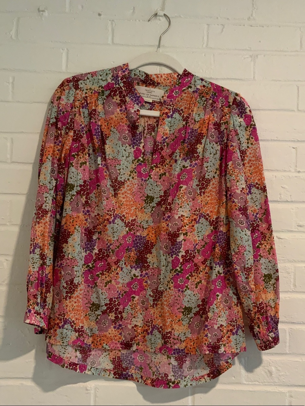 Trovata Multicolor Floral Split-Neck Pintuck Blouse